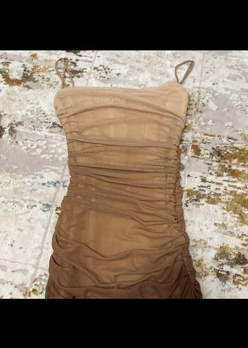 Bej Drapeli Uzun Askılı Elbise - Görsel 2