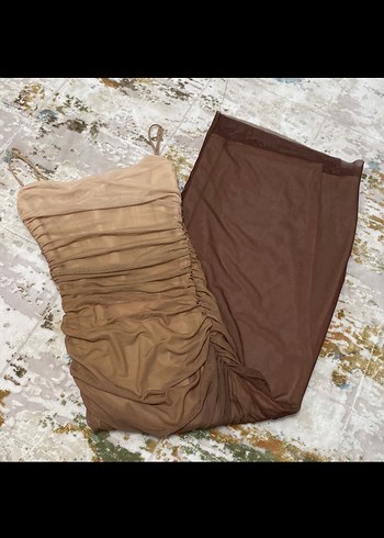 Bej Drapeli Uzun Askılı Elbise - Görsel 3