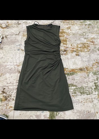 Drapeli Kolsuz Haki Midi Kalem Elbise - Görsel 3