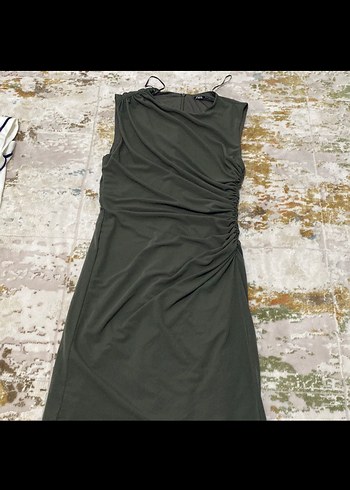 Drapeli Kolsuz Haki Midi Kalem Elbise - Görsel 2