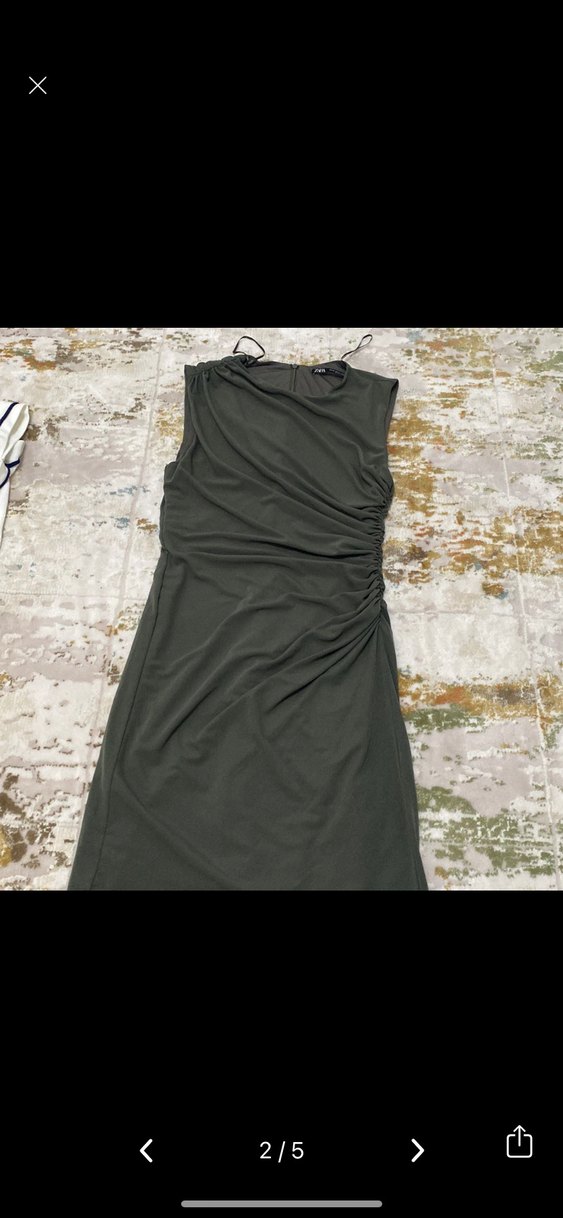 Drapeli Kolsuz Haki Midi Kalem Elbise - Görsel 2