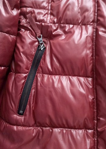 Kürk Detaylı Parlak Kahverengi Kadın Mont - Görsel 8