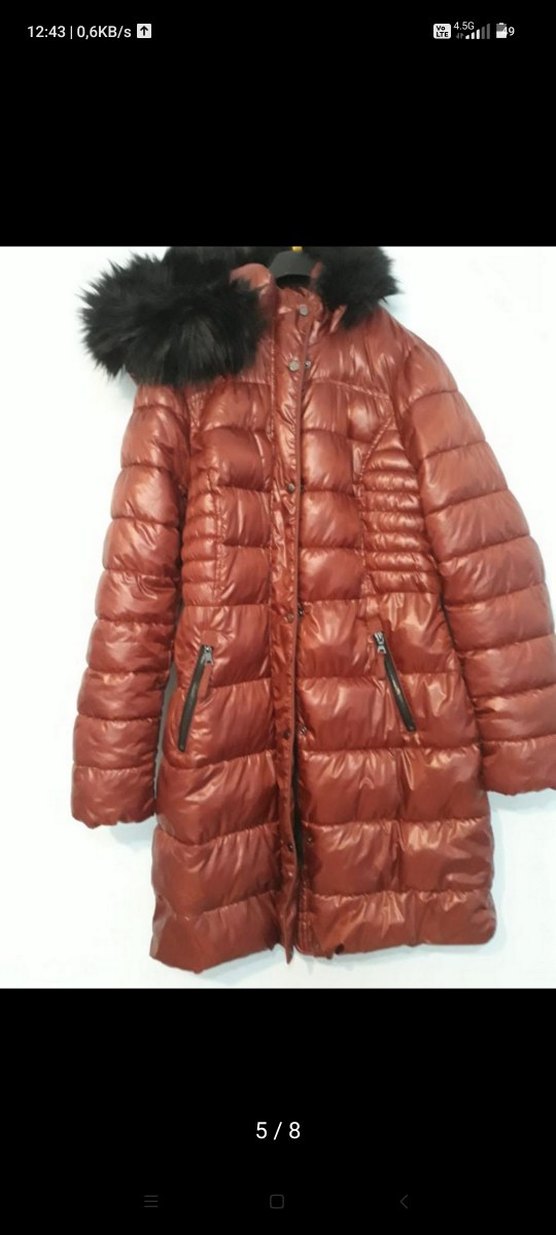 Kürk Detaylı Parlak Kahverengi Kadın Mont - Görsel 5