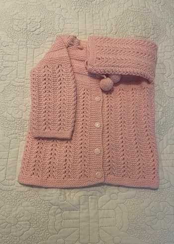 9-12 Ay Beden Kız Çocuk Pembe Örgü Vintage Hırka