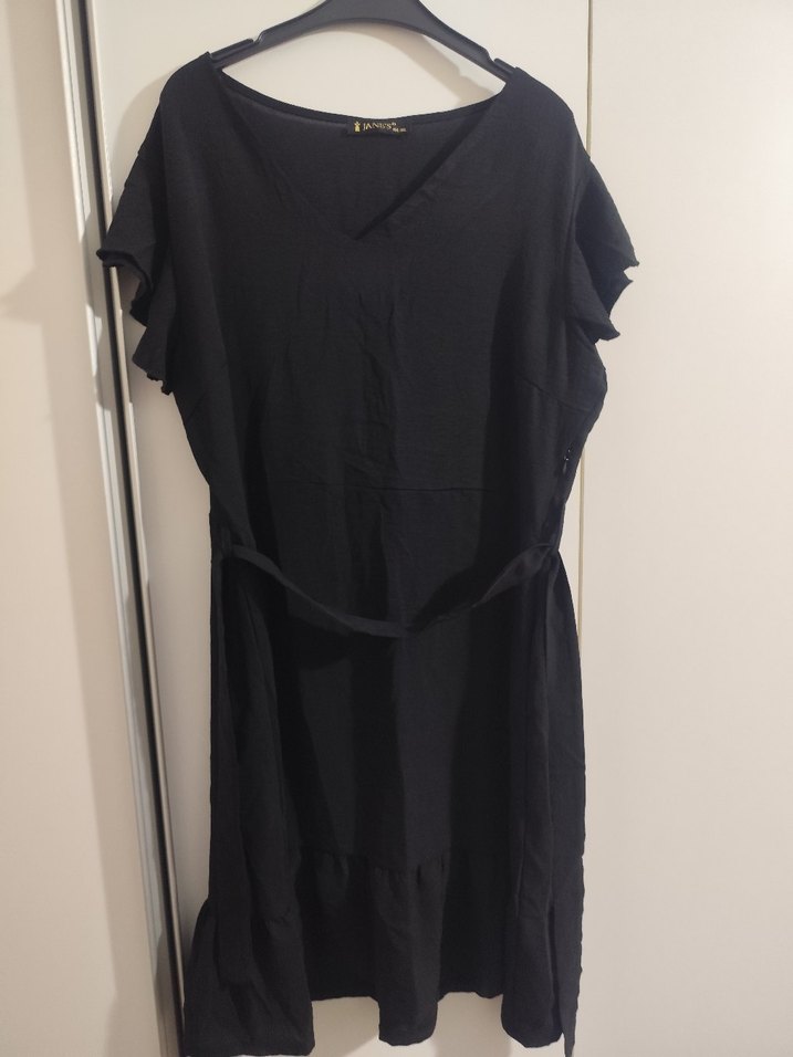 Siyah Kemerli V Yakalı Midi Elbise - Görsel 2