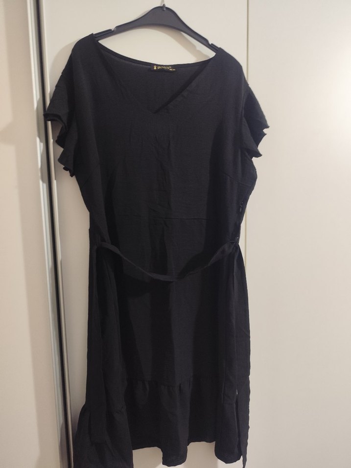 Siyah Kemerli V Yakalı Midi Elbise - Görsel 3