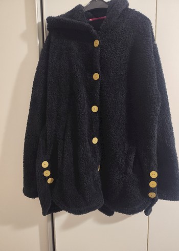 Düğmeli Siyah Midi kadın polar Ceket - Görsel 2