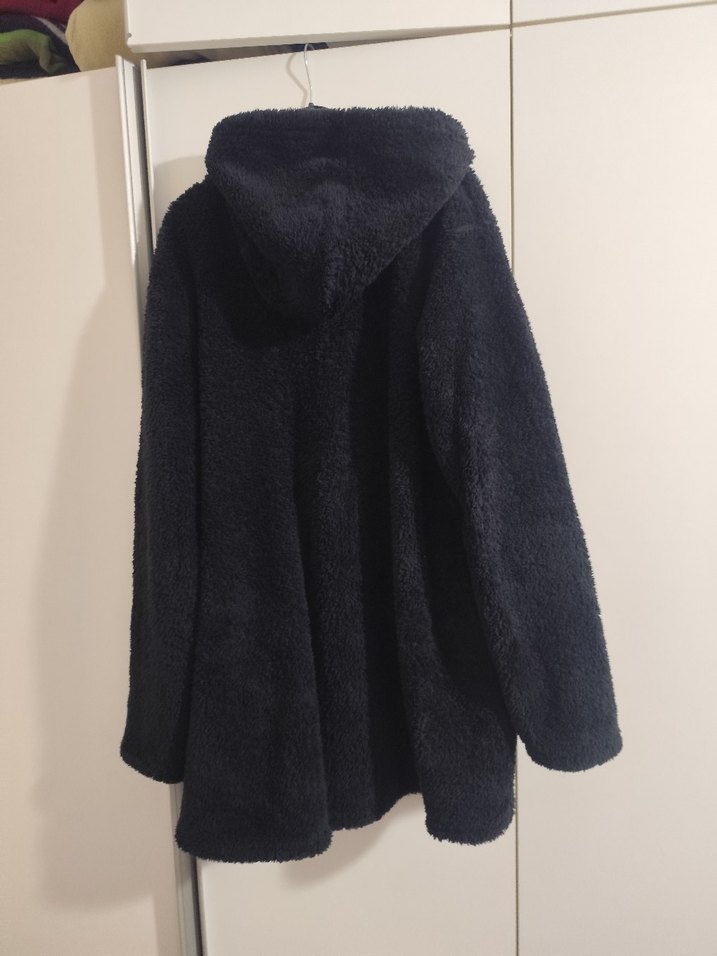 Düğmeli Siyah Midi  kadın polar Ceket - Görsel 3