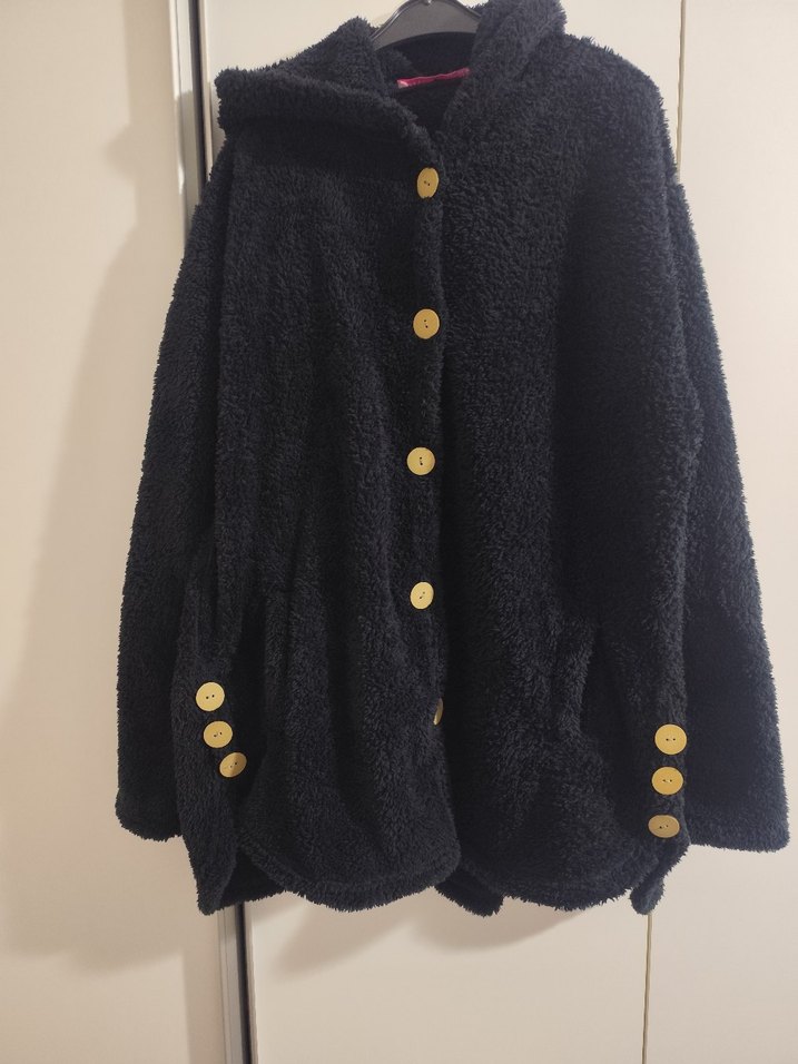 Düğmeli Siyah Midi  kadın polar Ceket - Görsel 2