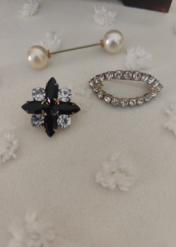 Siyah ve Beyaz Taşlı Kadın Broş Seti - Görsel 2