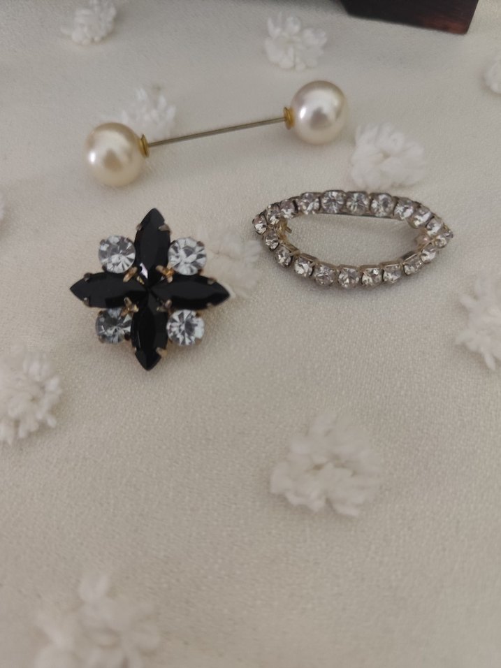 Siyah ve Beyaz Taşlı Kadın Broş Seti - Görsel 2
