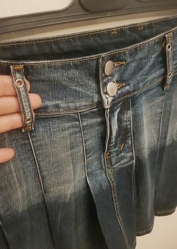 s Beden Kadın Mavi Kot Pileli Mini Etek
