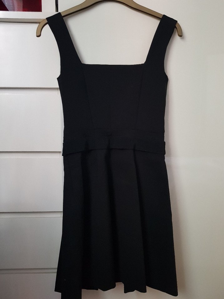 Siyah Midi Kare Yaka Kemerli Elbise - Görsel 2