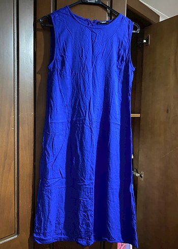 Kolsuz Mavi Keten Uzun Elbise - Görsel 3