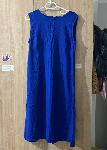 Kolsuz Mavi Keten Uzun Elbise - Görsel 2