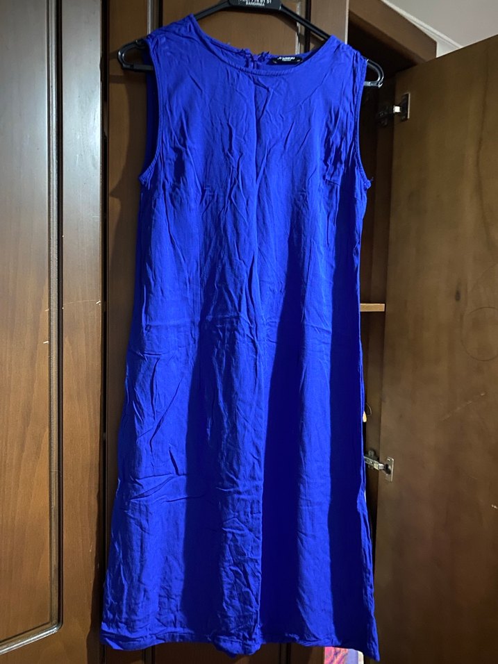 Kolsuz Mavi Keten Uzun Elbise - Görsel 3