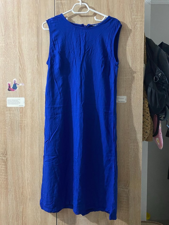 Kolsuz Mavi Keten Uzun Elbise - Görsel 2