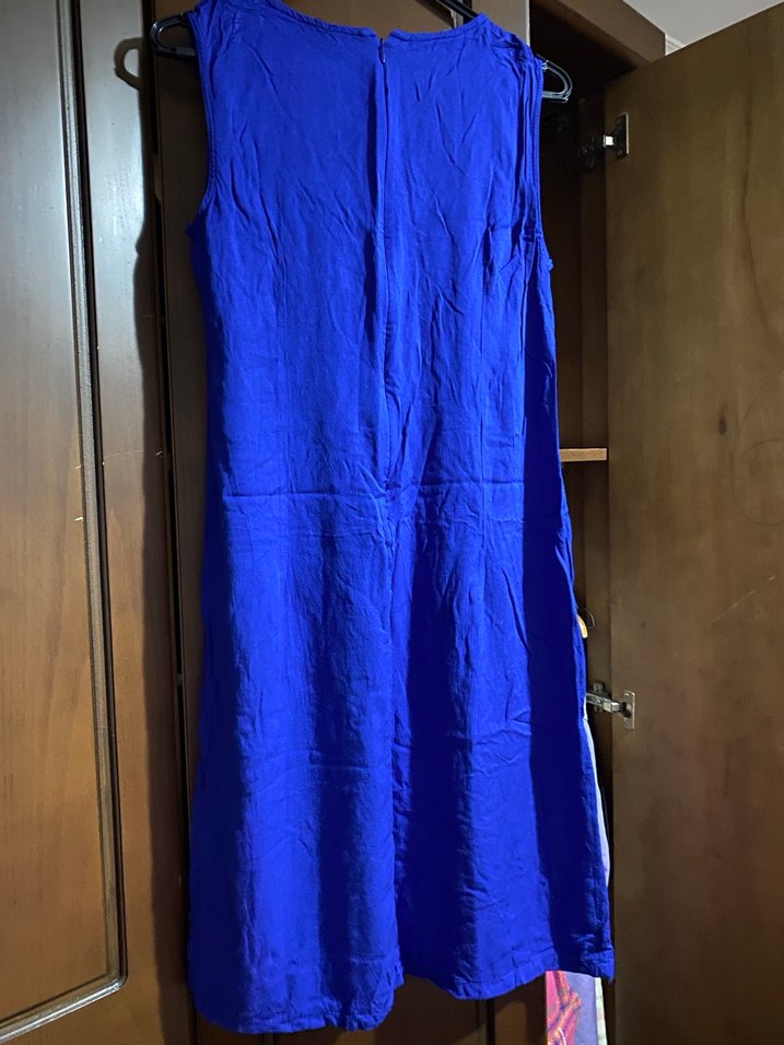 Kolsuz Mavi Keten Uzun Elbise - Görsel 5