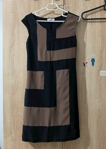 Kahverengi Siyah Desenli Midi Elbise - Görsel 2