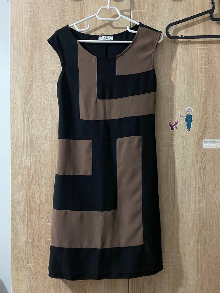 Kahverengi Siyah Desenli Midi Elbise - Görsel 2