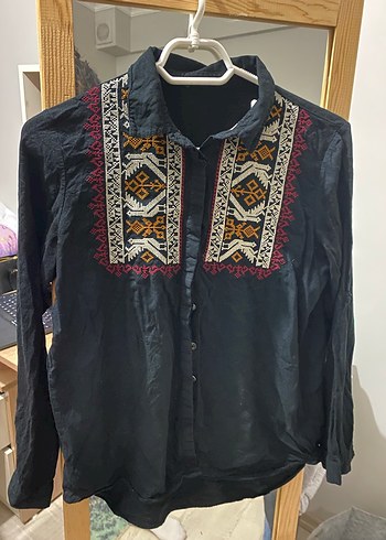 Nakışlı Siyah Uzun Kollu Bohem Gömlek - Görsel 2