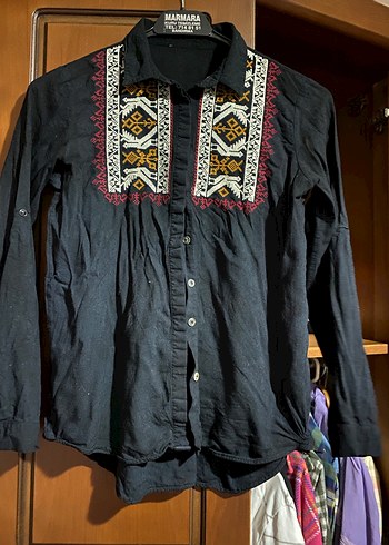 Nakışlı Siyah Uzun Kollu Bohem Gömlek - Görsel 3