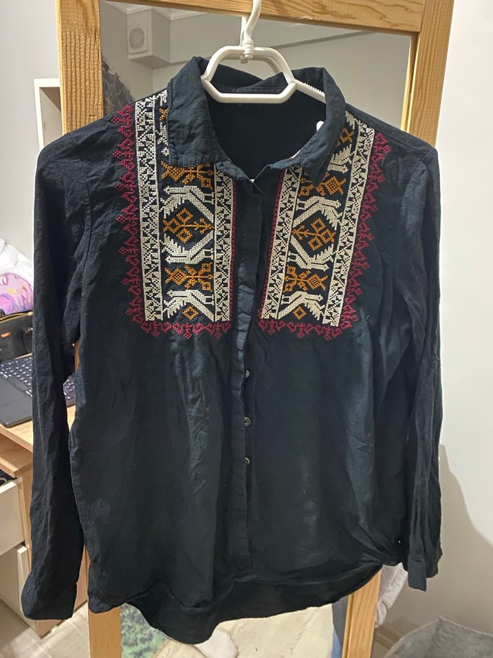 Nakışlı Siyah Uzun Kollu Bohem Gömlek - Görsel 2