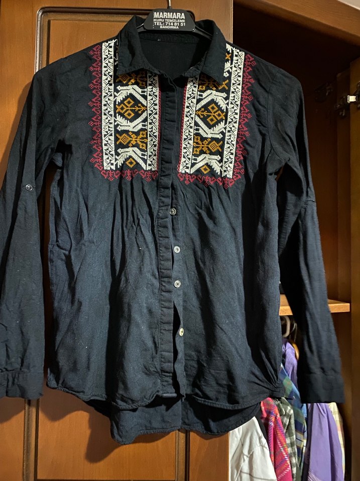 Nakışlı Siyah Uzun Kollu Bohem Gömlek - Görsel 3