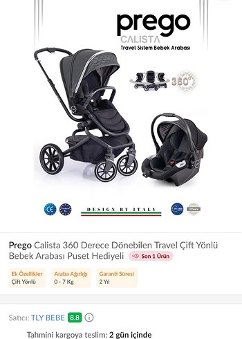 Prego Calista 360° Dönen Çift Yönlü Bebek Arabası