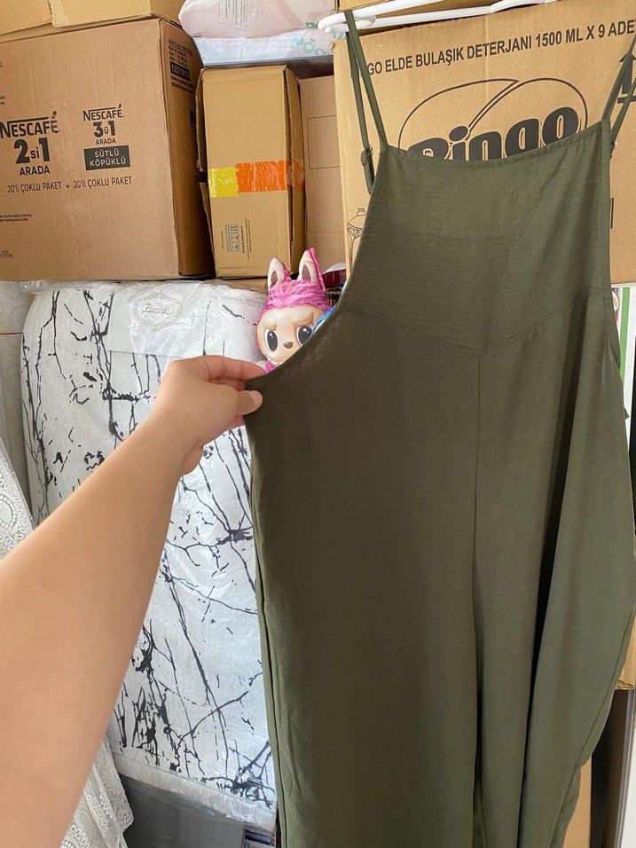 Askılı, Tokalı Haki Hamile Tulum - Görsel 3