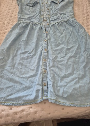 11-12 Yaş Beden Mavi Denim Midi Elbise, Düğmeli, Kısa Kollu
