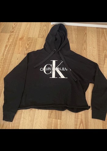 Siyah Kapüşonlu Calvin Klein Crop Sweatshirt