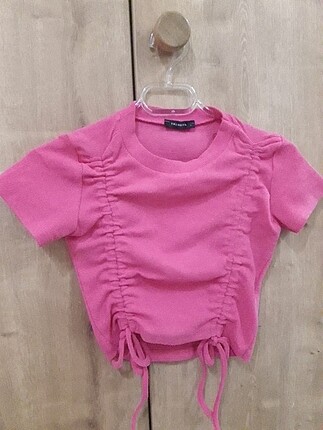 Pembe büzgülü örme fitilli bluz