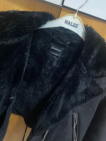 s Beden Suni Yünlü ve Suni Kürklü Astar Detaylı Kısa Crop Biker Ceket