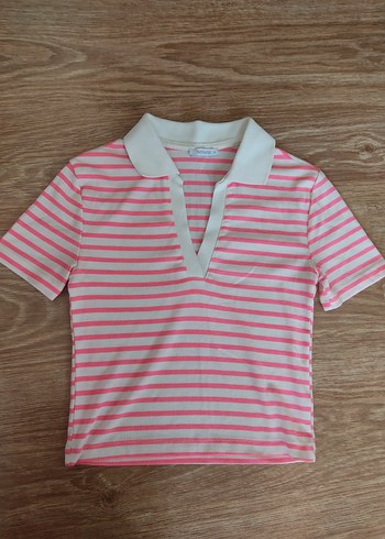 Kadın Pembe Çizgili Polo Tişört