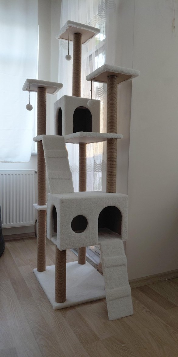 Beyaz Çok Katlı Kedi Tırmalama ve Oyun Evi - Görsel 2