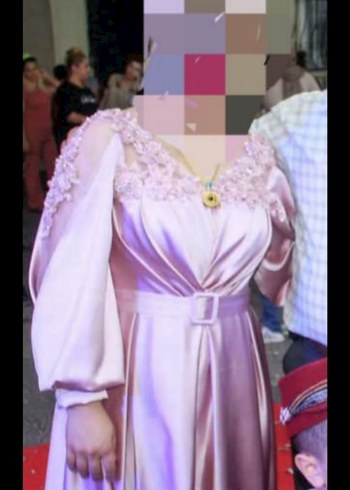 Pembe V Yaka Uzun Kollu Vintage Nişan Elbisesi