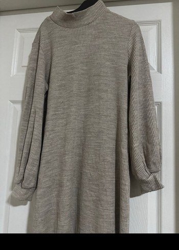 Bej Örgü Yüksek Yakalı Uzun Elbise - Görsel 3