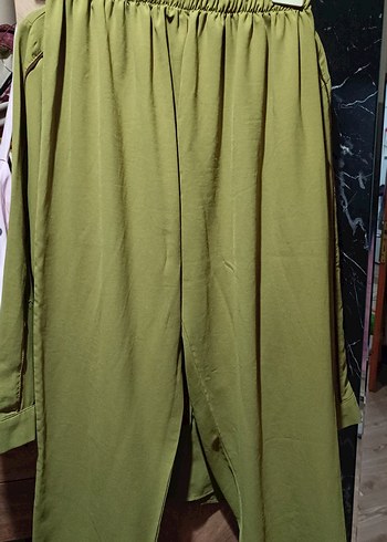 Kadın Haki Uzun Keten Gömlek Pantolon Takım - Görsel 2