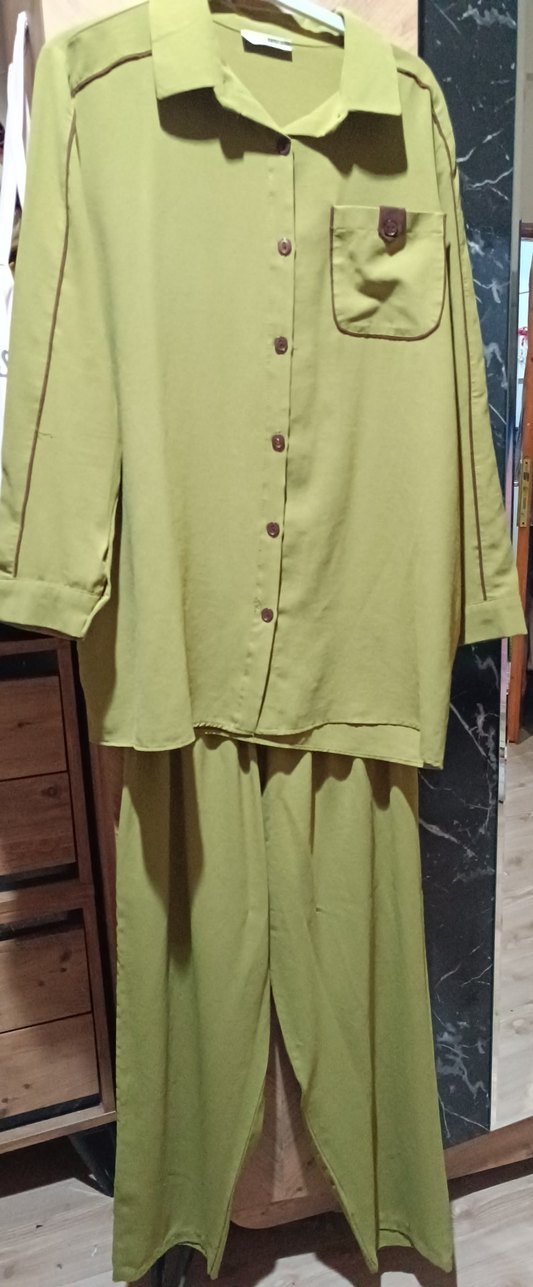 Kadın Haki Uzun Keten Gömlek Pantolon Takım - Görsel 3