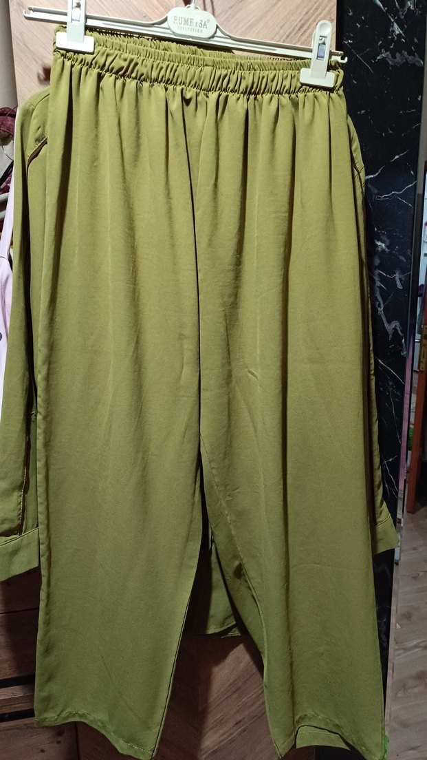 Kadın Haki Uzun Keten Gömlek Pantolon Takım - Görsel 2