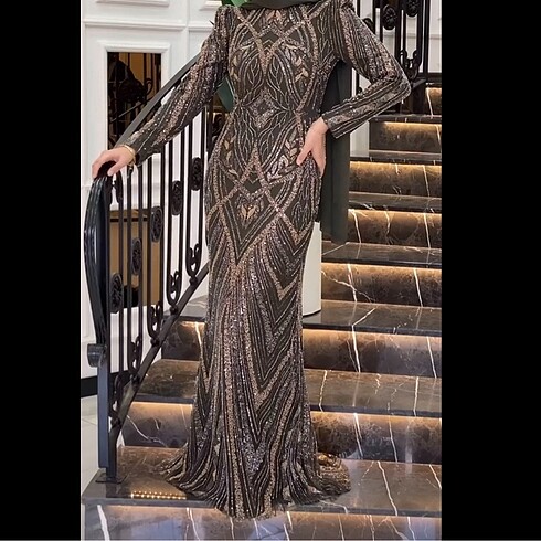 PINAR ŞEMS- Haki Yeşili & Bronz İşlemeli Abiye - Görsel 6