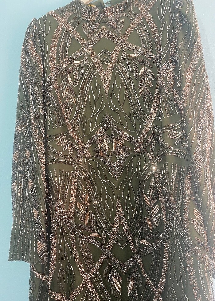 PINAR ŞEMS- Haki Yeşili & Bronz İşlemeli Abiye - Görsel 3