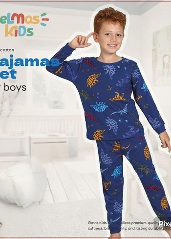 Erkek Çocuk Mavi Dinazor Desenli Pamuklu Pijama Takımı