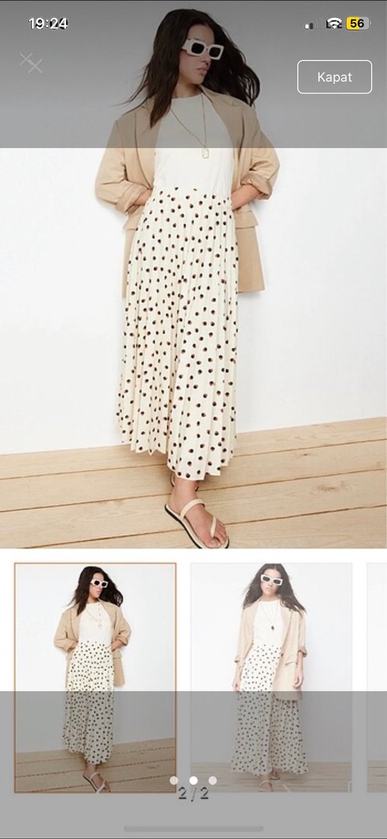 Bej Puantiyeli Piliseli Uzun Kadın Etek - Görsel 2