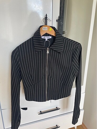 Zara Koton crop lacivert çizgili ceket