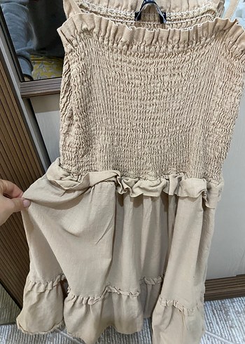 Bej Straplez Keten Midi Elbise - Görsel 2