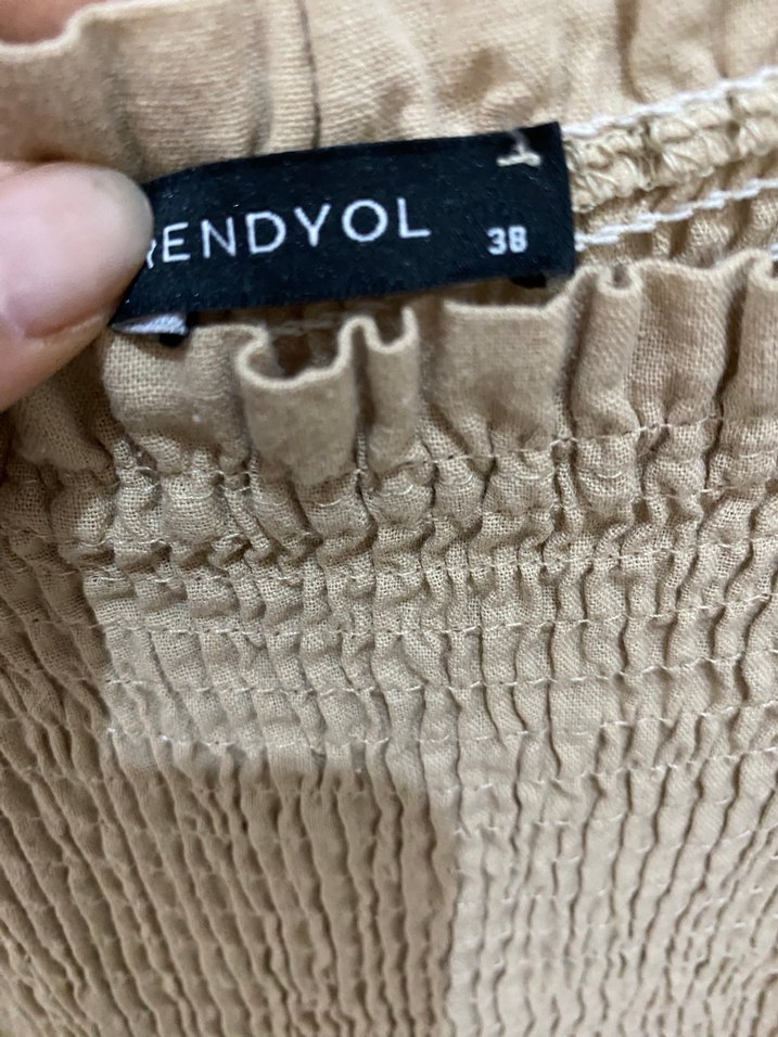 Bej Straplez Keten Midi Elbise - Görsel 3