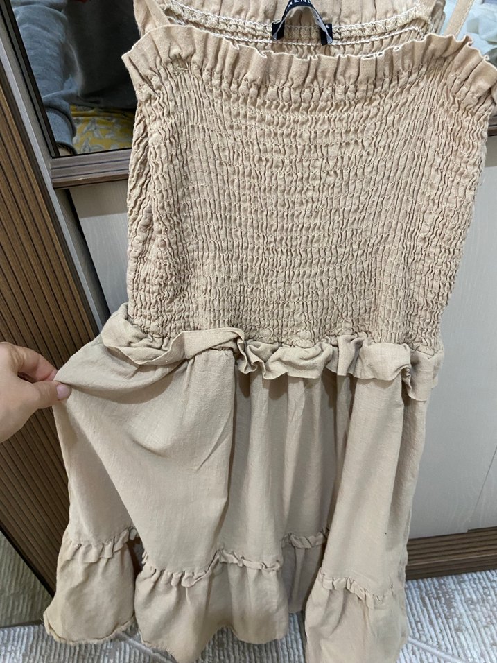 Bej Straplez Keten Midi Elbise - Görsel 2