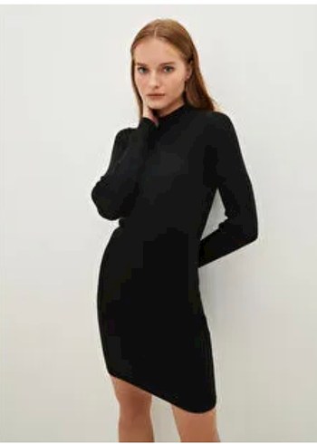 Uzun Kollu Siyah Dar Triko Elbise - Görsel 2